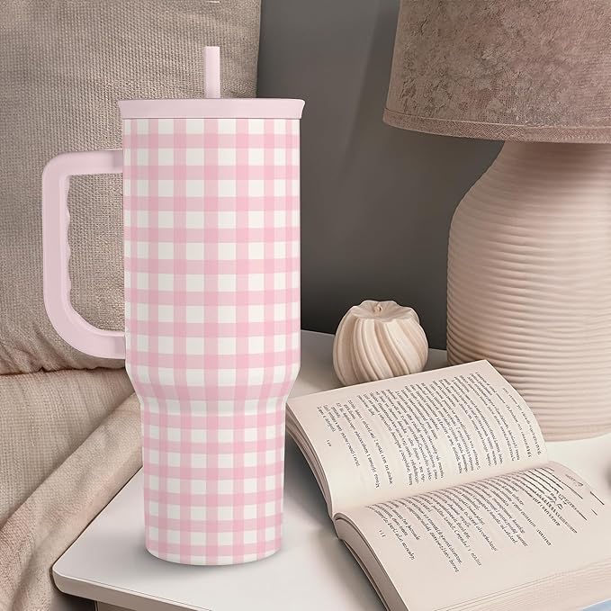 Pink Gingham 40oz Slider Tumbler with Handle and Straw - Insulated Stainless Steel Travel Coffee Mug for Women Girls, Gift for Birthday, Christmas