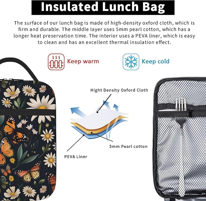 SUPLUCHOM Lunch Bag Daisy Butterfly Vintage Insulated Box Reusable with Side Pocket for Girl Boy Women Men Work School Picnic Hiking Daytrip Over 3 Years Old