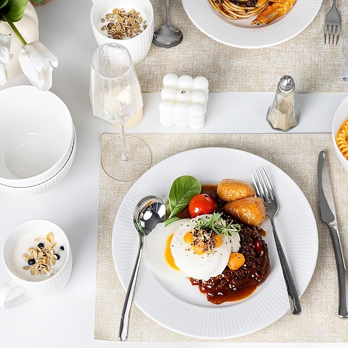 12 Piece Porcelain Dinnerware Sets for 4, White Plates and Bowls Sets with Embossed Stripe Decro, Elegant Kitchen Dish Sets - Dishwasher and Microwave Safe, QOMO-1996