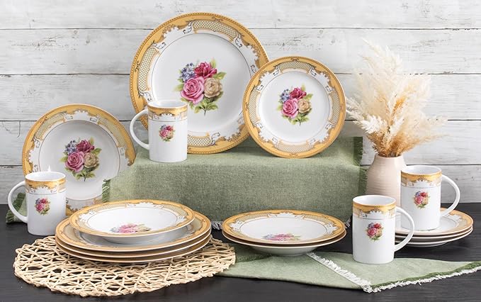 Porcelain Dinnerware Sets for 4 - White and Gold 16 Piece Set Vintage Inspired Roses Kitchen Dining Plate, Salad Plates, Soup Plate-Bowl Mugs for Every Day Dishes or Formal Occasions