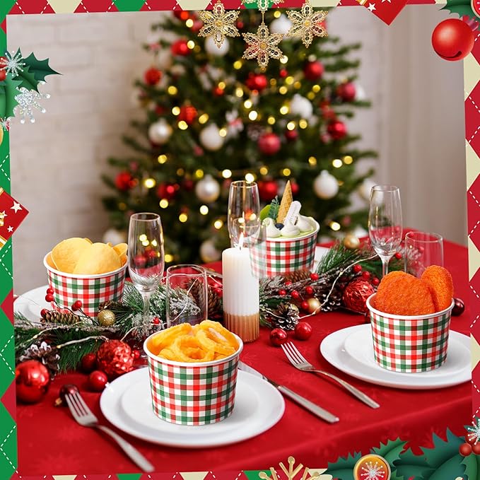 50 Pack Christmas Plaid Treat Snack Cups 9 oz Xmas Red and Green Checkered Disposable Dessert Bowls Paper Soup Bowl Buffalo Plaid Ice Cream Cups for Hot or Cold Food Holiday Wedding Birthday