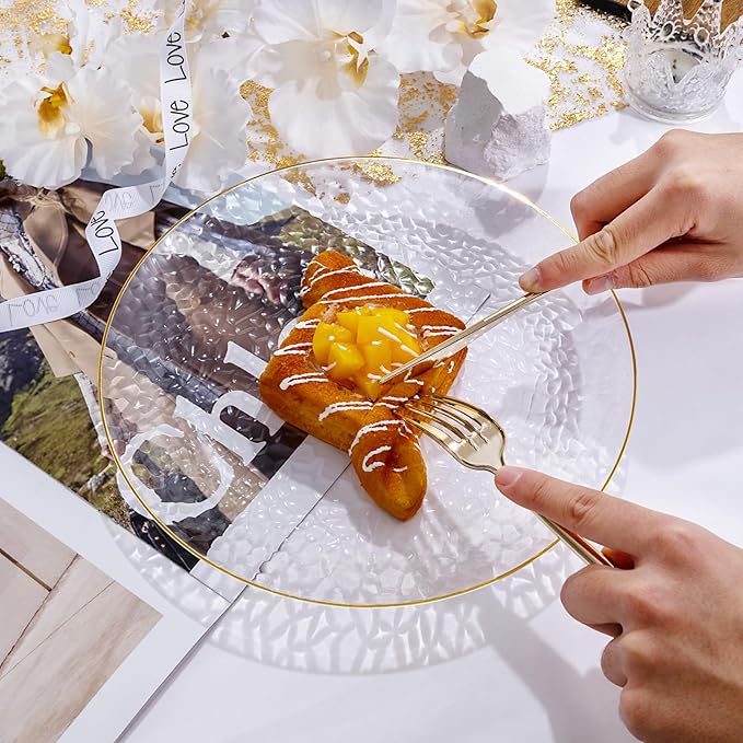 Rubtlamp 60 Pieces Gold Plastic Plates - 10 inch Clear Dinner Plates - Hammer Pattern Design - Fancy Clear and Gold Disposable Plates For All Occasions