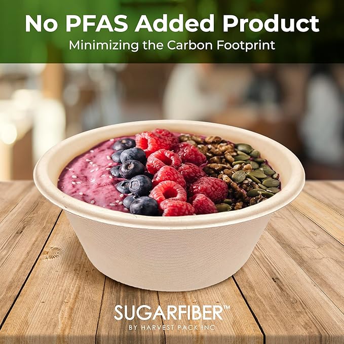 [125 SET]Sugarfiber by Harvest Pack 16oz PFAS FREE Round Paper Bowls with Flat Lids, Heavy-Duty Eco-Friendly Disposable Bagasse Bowls Sugarcane Natural for Acai Bowl Meal Prep Takeout Dinnerware