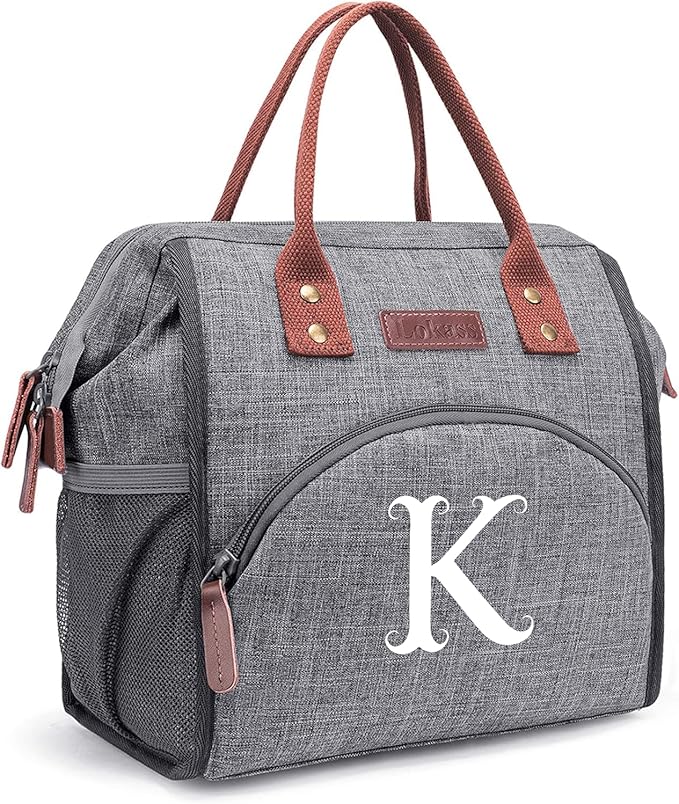Personalized Lunch Box for Women, Initial Reusable Insulated Lunch Bag, Wide-Open Adult Lunchbox Cooler Lunchbag Snack Organizer, Initial Leakproof Lunch Tote Bag for Picnic Work Outdoors Grey - K