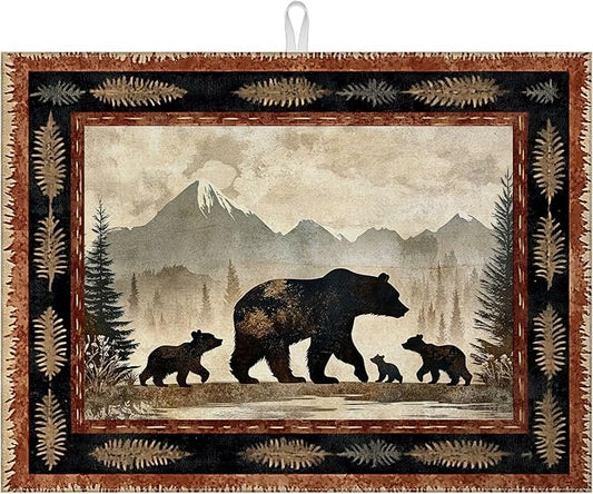Rustic Bear Dish Drying Mat for Kitchen Counter Wild Animals Drying Pad Absorbent Reversible Dish Drainer Rack Mats Draining Pad 18"x24"Inch