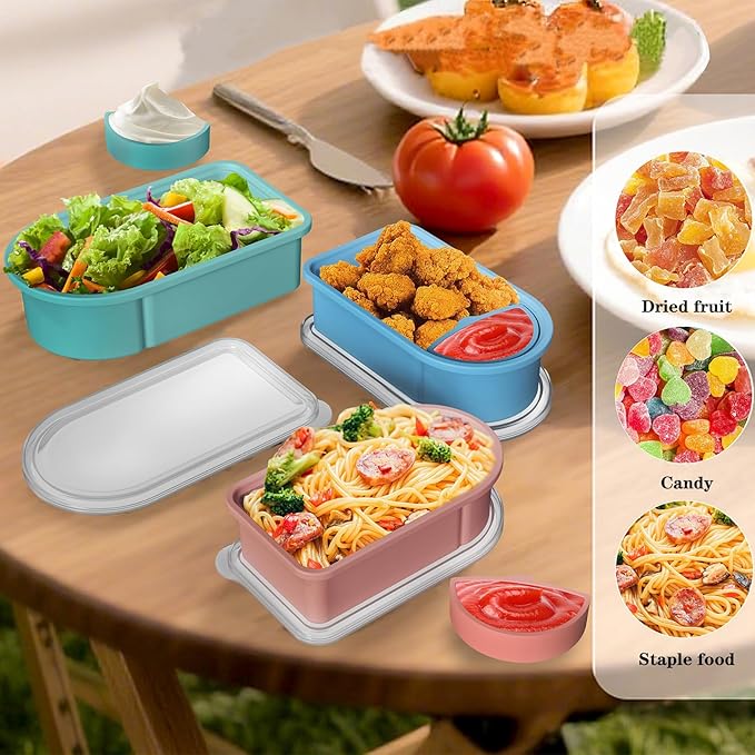 3 Pack Reusable Silicone Snack Containers with Lids, Salad Sauce Seasoning Container, Detachable design Mini Kids Snack Concainers for Travel, Office, Picnic