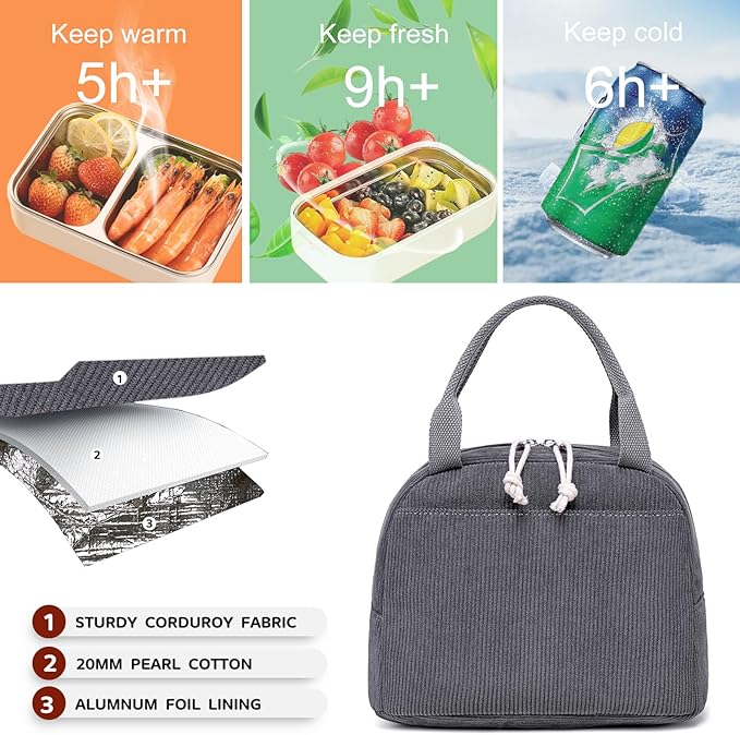 Bluboon Lunch Bag for Women Men Cute Corduroy Lunch Tote Bags Reusable Insulated Lunch Box Large Capacity Reusable Insulated Cooler for Work Picnic or Travel