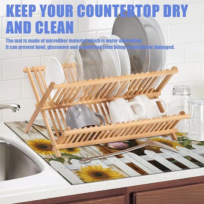 Sunflower Highland Cow Dish Drying Mat for Kitchen Counter Drying Pad Absorbent Reversible Dish Drainer Rack Mats Draining Pad 18"x24"Inch