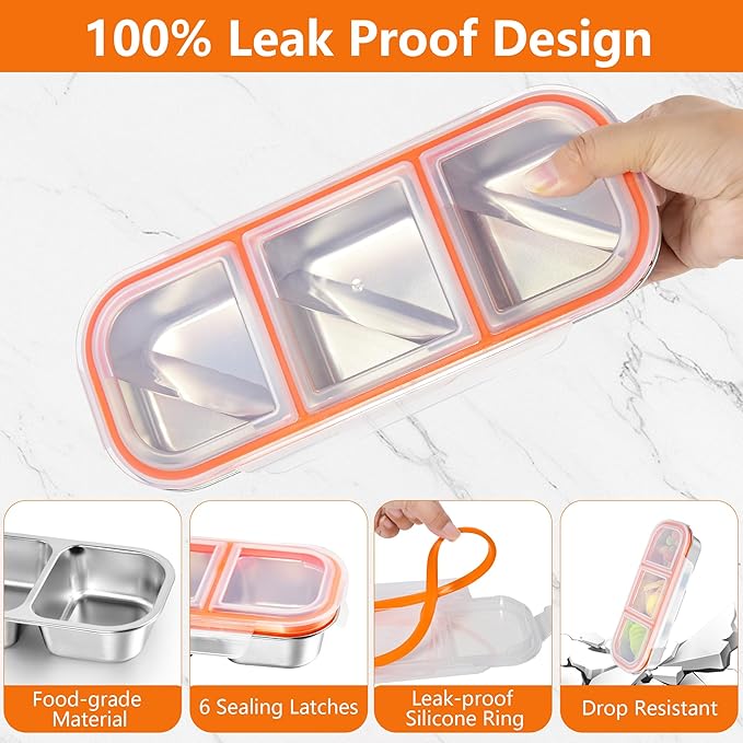 2Pack Stainless Steel Snackle Box Container, Reusable Metal Bento Box, Leak Proof 3 Compartment Divided Food Storage Containers for Travel Home Picnic Work