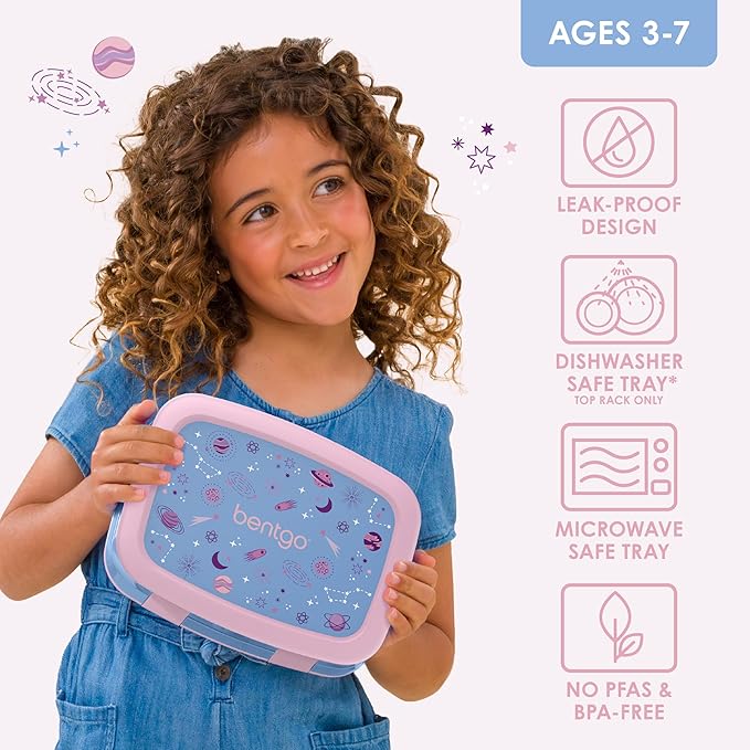 Bentgo Kids Prints Leak-Proof, 5-Compartment Bento-Style Kids Lunch Box - Ideal Portion Sizes for Ages 3-7, Durable, Drop-Proof, Dishwasher Safe, & PFAS & BPA-Free Materials (Lavender Galaxy)