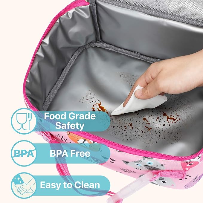 Bagseri Kids Lunch Bag Girls - Kids Lunch Box for Girls Reusable Leak-Proof Insulated Lunch Bag with Water Bottle Holder Toddler Lunch Box for Daycare and School, Cute Cat (Water Bottle Not Included)