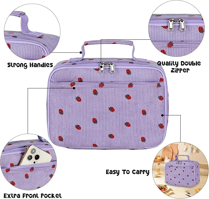 Bluboon Kids Girls Lunch Bag Insulated Lunch Box for school Corduroy Lunch Cooler Organizer School Kids Lunch Tote