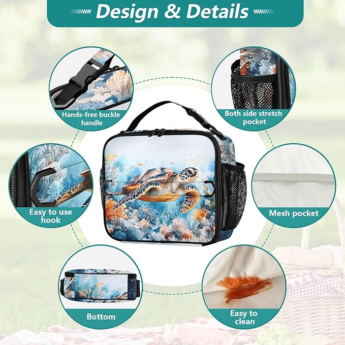 Sea Turtle Lunch Bag Ocean Animal Lunch Box for Women Leakproof Insulated Portable Lunch Tote Bag Cooler Bag for School Travel Office Picnic