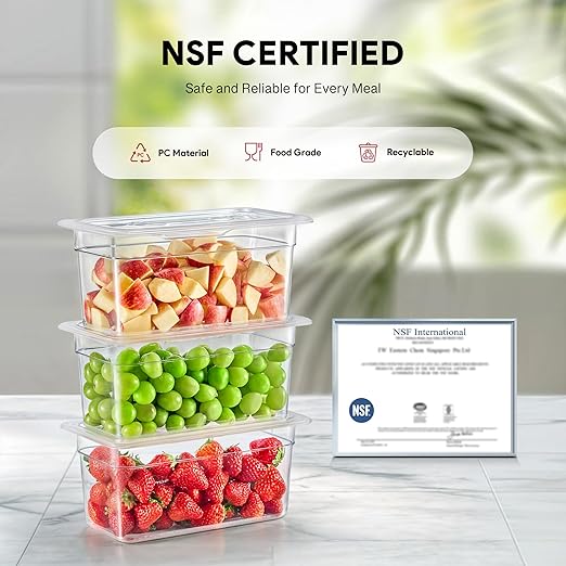 WILPREP 6 Pack Plastic Food Pans with Lids, 1/3 Size 4 in Deep Clear Food Storage Containers, 4.2 qt Stackable Polycarbonate Commercial Hotel Pans for Fruits Vegetables Beans Corns, NSF Listed