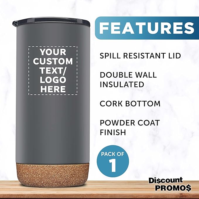 DISCOUNT PROMOS Custom Travel Tumblers with Cork Bottom 16 oz. Set of 1, Personalized Bulk Pack - Double Wall Insulated, Matte Finish, Perfect for Iced Coffee, Soda, Other Beverages - Grey