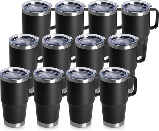 20oz Tumbler Bulk with Lid, Stainless Steel Tumbler Bulk with Handle, Metal Insulated Travel Coffee Mug Set with Handle, Double Wall Vacuum Leak Proof Tumbler Cup, Black 12 Pack