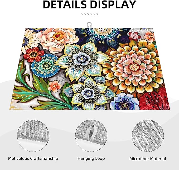 Boho Floral Dish Drying Mat for Kitchen Counter, 18 x 24 Inch Microfiber Dish Mats for Drying Dishes, Absorbent Large Dish Drying Pad Mandala Rack Mat Kitchen Decor