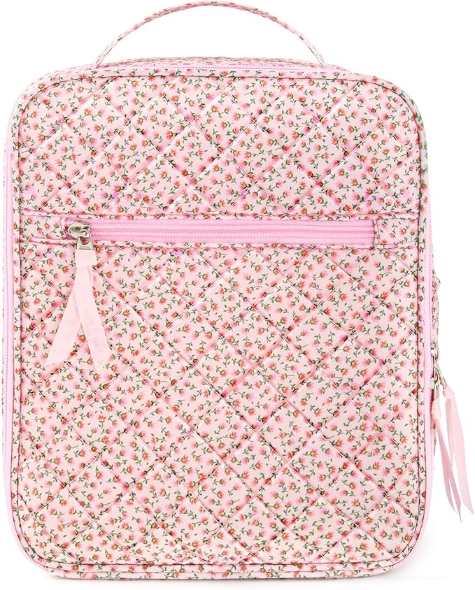 Aileam Lunch Box for Women Cute Lunch Bag Quilted Reusable Insulated Lunch Box Aesthetic Lunch Tote Bags Floral Cotton Lunch Case for Travel Work Picnic (PINK DITSY)