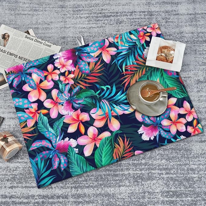 Pink Hawaii Flowers Dish Drying Mat 18x24, Blossom Flowery Floral Absorbent Drying Matt Kitchen Decor Counter Dishes Pad Drainer Rack Coffee Bar Station Mat Protector for Kitchen Accessories Fast Dry