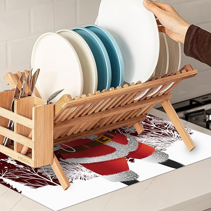 Christmas Santa Claus Dish Drying Mats 18x24 Inch,Christmas Snowflakes Dish Pad Drying Rack Mat for Kitchen Counter Ultra Absorbent Microfiber Dishware Coffee Maker Bar Countertop Decor