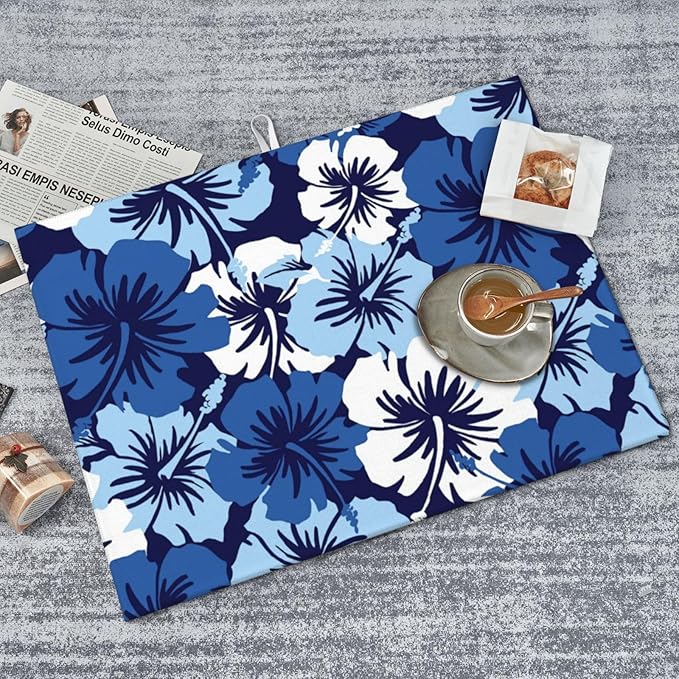 Blue Hawaii Flowers Dish Drying Mat, Blossom Floral Kitchen Counter Mat Rubber Backing Draining Mat Easy Clean Kitchen Accessories Dish Rack Pad for Dishes, Utensils, Countertops, Coffee Sinks 18X24''
