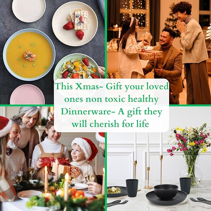 48 Pcs Wheat Straw Dinnerware Sets for 6- Unbreakable Dinnerware Set with Large Plates, Bowls and Cups-BPA Free, Lightweight, Microwave Safe Wheat Straw Plates and Bowls Sets, RV Camping Dishes