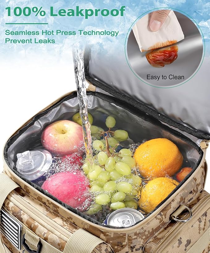 Tactical Lunch Box for Men, Large Insulated Lunch Bag for Adult, Heavy Duty Double Deck Expandable Lunch Cooler Bag with American Flag, Leakproof Soft Lunch Pail for Work Office Camping - Camo khaki