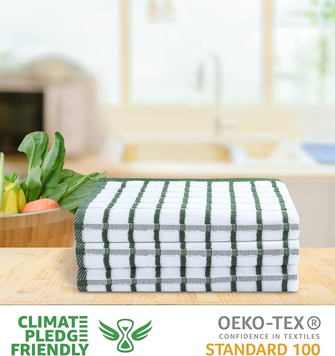 Urban Villa Kitchen Towels Green/White Set of 3 Terry Kitchen Towels 100% Cotton Ultra Soft Size 20X30 Inches Highly Absorbent Over Sized KitchenTowels with Hanging Loop KitchenTowels