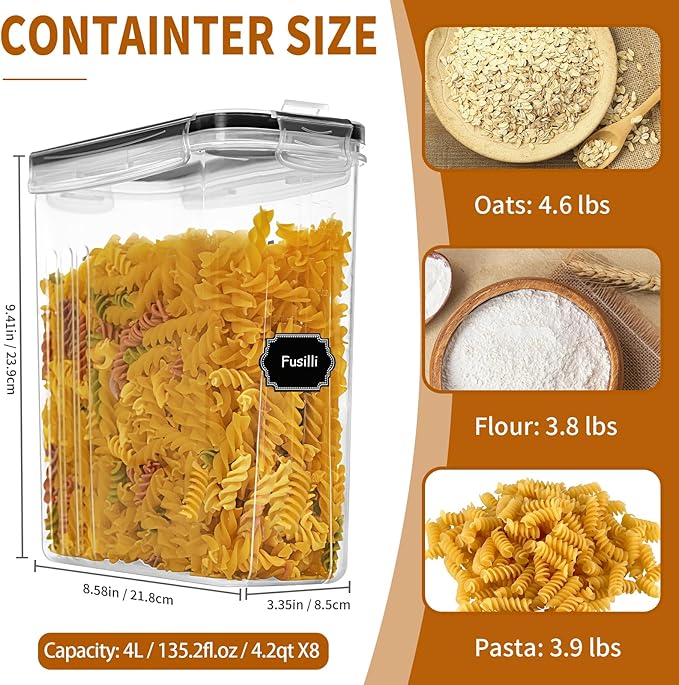 Cereal Containers Storage Set (4L / 135.2oz), 8PCS Airtight Food Storage Containers with Lids, Cereal Dispensers for Kitchen Pantry Organization and Storage with Pour Spout, 20 Labels, Marker