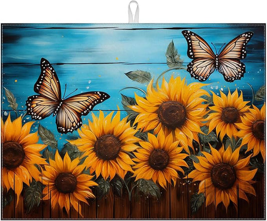 Sunflower Butterfly On Wooden Board Dish Drying Mat for Kitchen Counter Drying Pad Absorbent Reversible Dish Drainer Rack Mats Draining Pad 18"x24"Inch