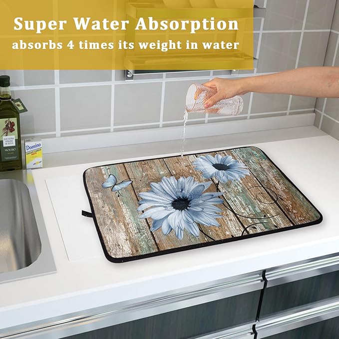 Rustic Daisy Dish Drying Mat for Kitchen Countertop 18x24 inch Blue Sunflowers on Wooden Board Dish Drainer Mats Fast Drying Country Vintage Style Shabby Chic Flower Dish Drying Pad Decor Large