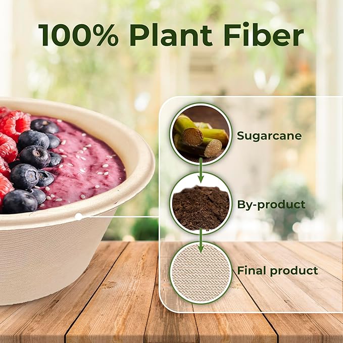 [125 SET]Sugarfiber by Harvest Pack 16oz PFAS FREE Round Paper Bowls with Flat Lids, Heavy-Duty Eco-Friendly Disposable Bagasse Bowls Sugarcane Natural for Acai Bowl Meal Prep Takeout Dinnerware