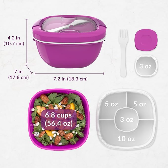Bentgo Salad Container - 54 oz Bowl with 4-Compartment Toppings Tray, Leak-Proof Dressing Container, Reusable Fork, BPA-Free Lunch Box for Meal Prep & Food Storage; Removable Bento Tray (Purple)