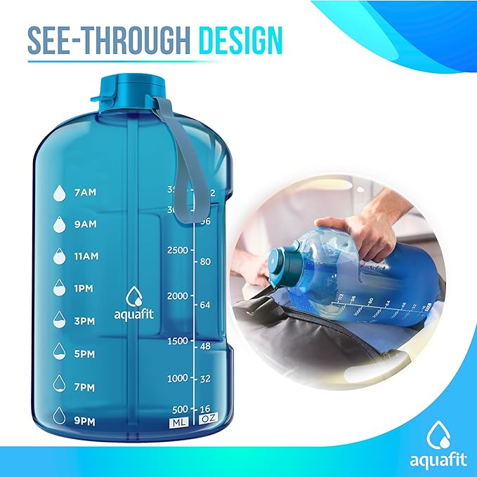 AQUAFIT 1 Gallon Water Bottle with Time Marker - Straw & Chug Lid - BPA Free Gym Water Bottle with Straw - Big Gallon Jug (Aqua, 128 oz - 2 Lids)