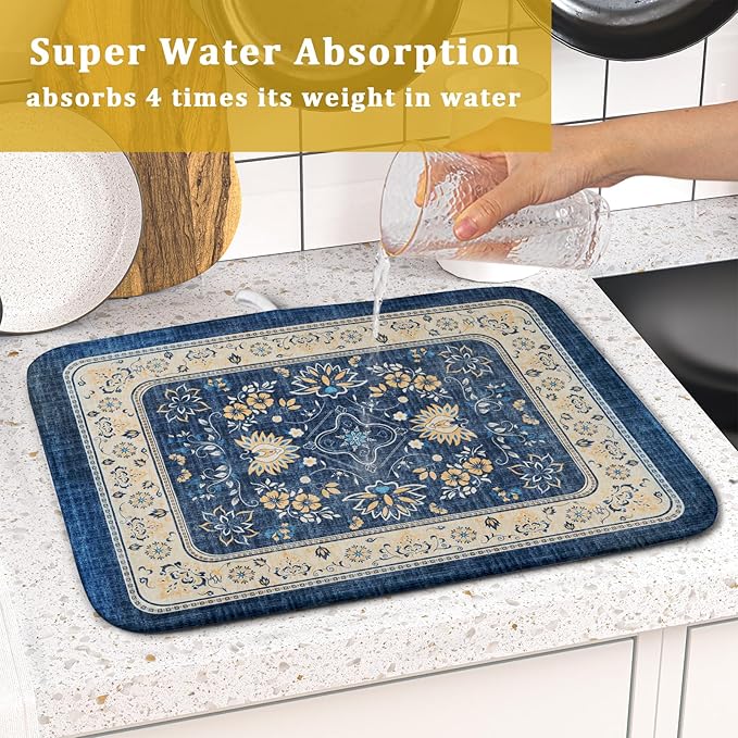 Blue Boho Dish Drying Mat for Kitchen Counter 16x18 Inch Fast Dry Drying Pad Vintage Floral Dish Drainer Rack Mats Coffee Bar Accessories