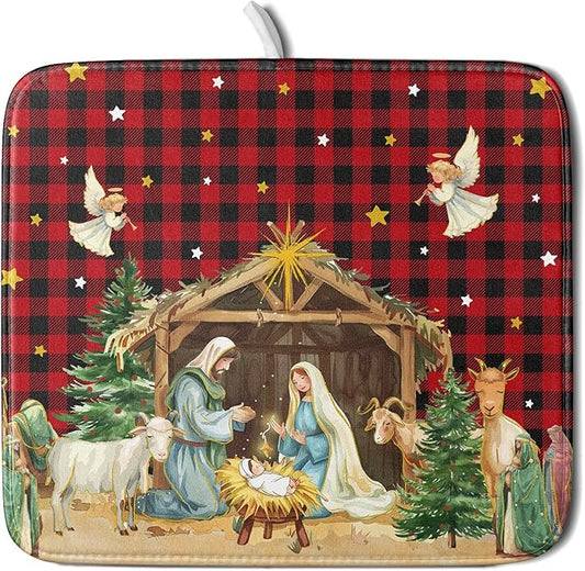 Christmas Dish Drying Mats for Kitchen Counter Xmas Nativity Scene Red Black Buffalo Plaid Absorbent Microfiber Dishes Mat Drying Pad with Loop for Home Countertops,16 x 18 Inches