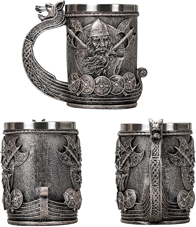 Viking Mug Beer Stein Tankard, Stainless Steel Ideal Drinkware for Coffee Cup Nordic Style Gifts for Men