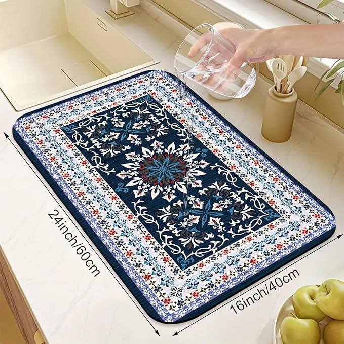 Boho Geometric Rug Dish Drying Mats Super Absorbent Dish Drainer Rack Pad Non-Slip Drying Mat for Kitchen Counter, 24"x16"