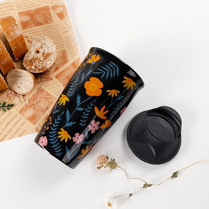 ANTIS'S HOME Ceramic Travel Mug with Lid, Flower Pattern Black Double Wall Coffee Mug Tumbler, Reusable Tall Cup, Splash Resistant Lid, Dishwasher Microwaveable Safe