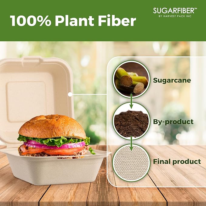 [50 COUNT]Harvest Pack PFAS FREE 6 X 6" Compostable Clamshell Take Out Food Containers, Single Compartment To go Container, Square Heavy-Duty Bagasse Bento Cake Box, from Eco-Friendly Sugarcane Fibers