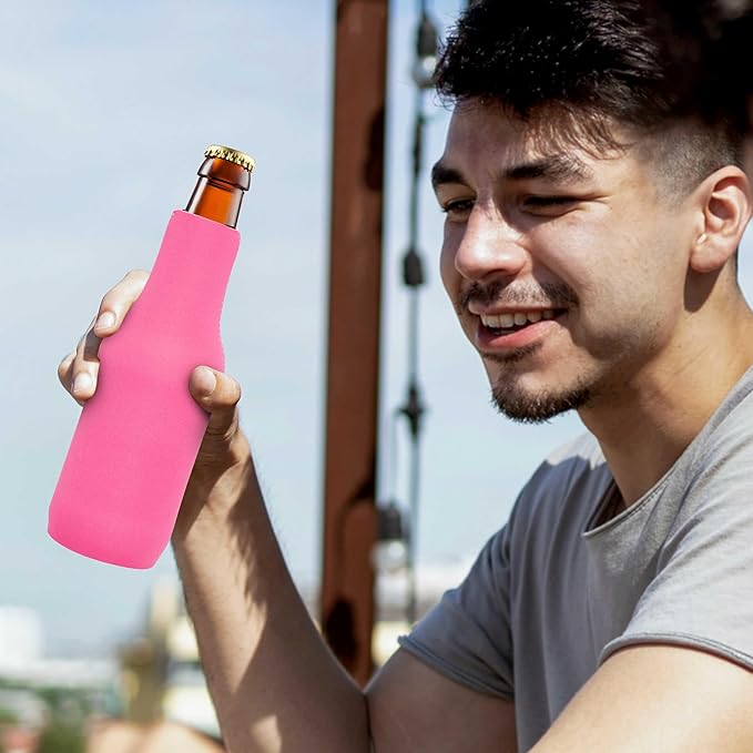 10 Neoprene Zippered Beer Bottle Coolies Pack - Sharkskin Rubber Bottom - Neon Pink