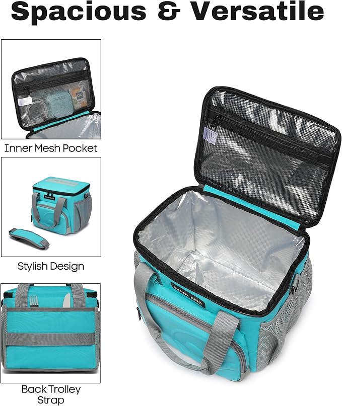 SUNNY BIRD 12L Large Insulated Lunch Bag, Leakproof and Foldable Lunch Cooler Box for Women Adult and Men, Fits 18 Cans (Aqua Blue 01)