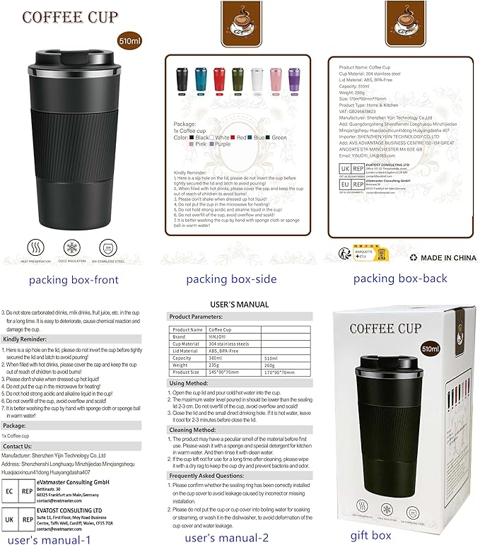 17oz Travel Coffee Cups Insulated Mug Thermal Tumbler to Go with Lid Leak Proof Reusable Stainless Steel Coffee Mug Spill Proof for Hot and Iced Cold Drinks (Green, 510ml)