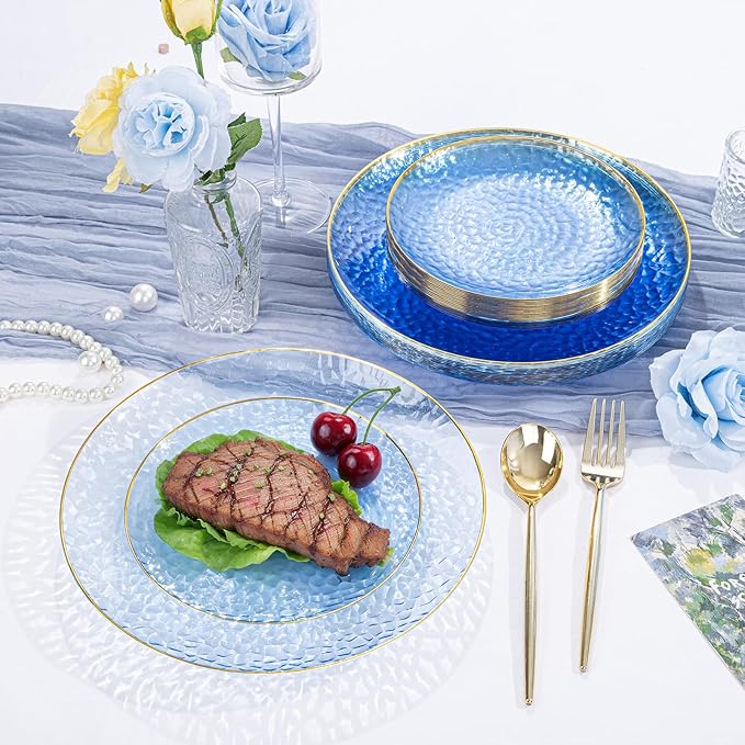 SUT 36Pcs Blue Plastic Plates, Hammered Plates Disposable Heavy Duty, Blue Disposable Plates With Gold Rim, Fancy Plastic plates Include 18 Dinner and 18 Dessert plates for Wedding
