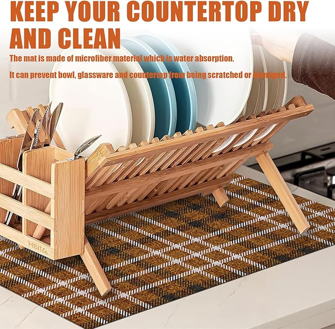 Brown Plaid Dish Drying Mat for Kitchen Counter Microfiber Absorbent Dish Kitchen Drying Mat Draining Reusable Washable for Dishes/Utensils/Counterto