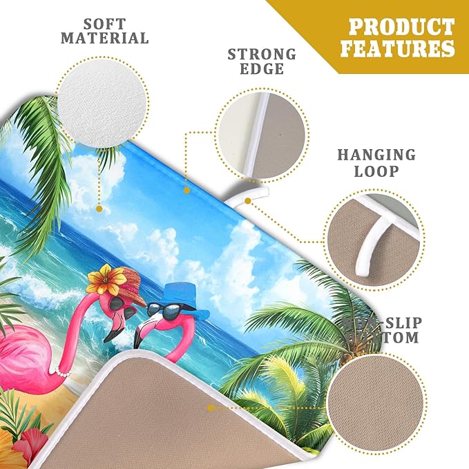 Summer Flamingos Dish Drying Mat 16x18 inch Tropical Beach Microfiber Washable Dish Rack Mats Drainer Pad for Counter Kitchen Table Decor