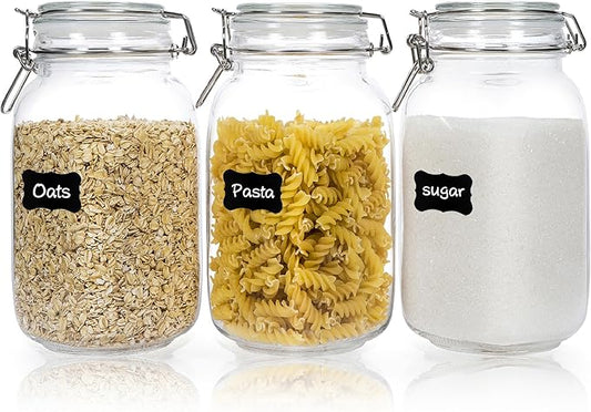 CHEFSTORY 50oz Airtight Glass Jars with Lids, 3 PCS Food Storage Canister for Kitchen & Pantry Organization, Square Mason Jar Containers for Storing Sugar, Flour, Cereal,Coffee,Cookies