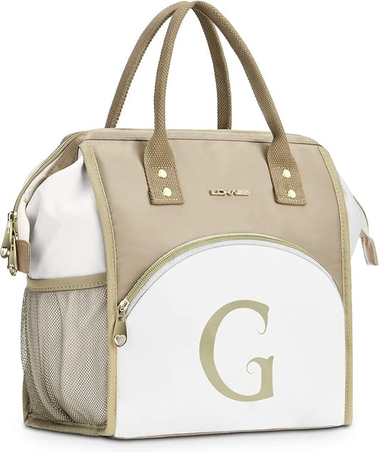 Personalized Lunch Box for Women, Reusable Insulated Lunch Bag, Wide-Open Adult Lunchbox Cooler Lunchbag Snack Organizer, Initial Leakproof Lunch Tote Bag for Picnic Work Outdoors, G