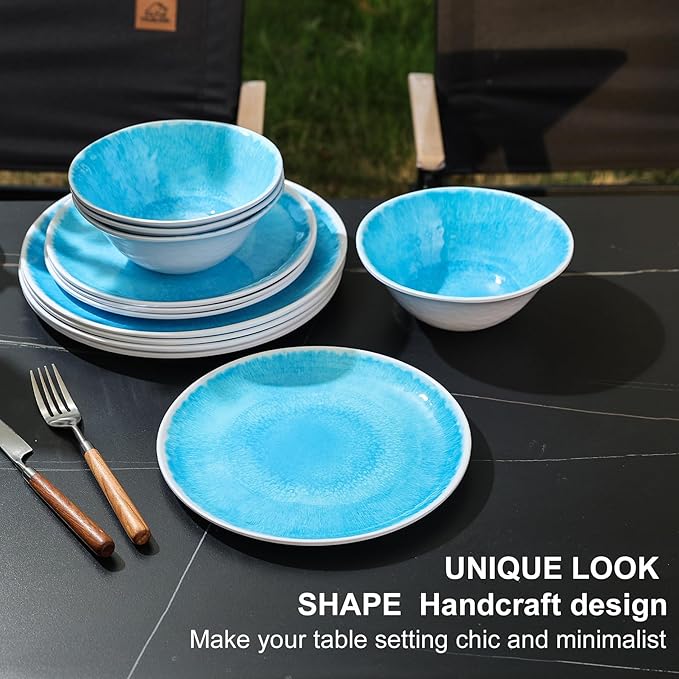 Melamine Dinnerware Sets 12 Pcs, Melamine Plates and Bowls,Party Plates and Bowls Sets, Camping Dishes Set for 4, Unbreakable, BPA Free, Dishwasher Safe (Lake blue)