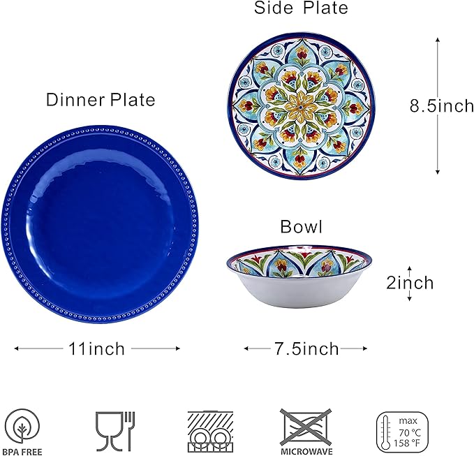 Melamine Dinnerware Sets, 12Pcs Dishes Set for 4, Plates and Bowls Sets Outdoor Dinnerware, Dishwasher Safe BPA free (Retro Style)